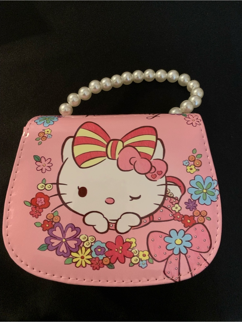 Pink Floral Kitty Kids Handbag with Pearl Handle